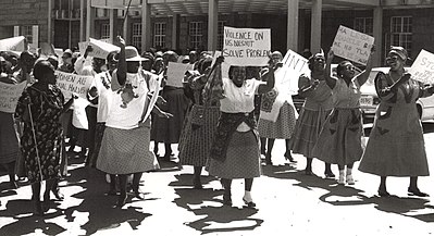 Basotho women protest violence against women at the National University of Lesotho on National Women's Day, 2008. Lesotho women 2008.jpg