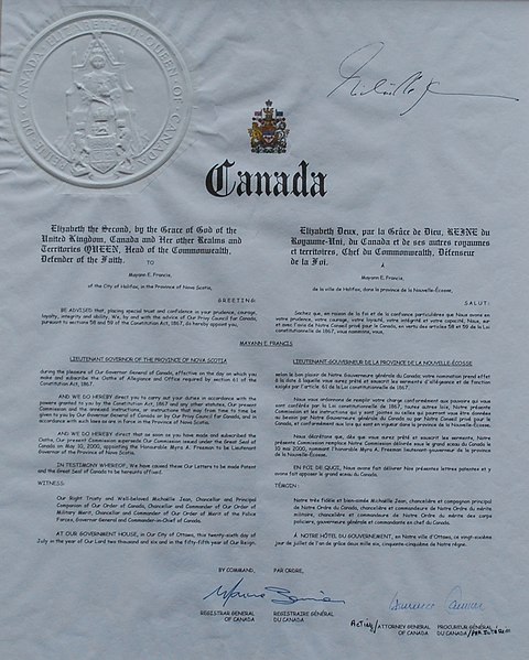 Lieutenant Governor's Commission of Appointment, 2006. Appointing Mayann E. Francis as Lieutenant Governor of Nova Scotia.