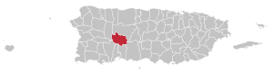 Map of Puerto Rico highlighting Adjuntas Municipality