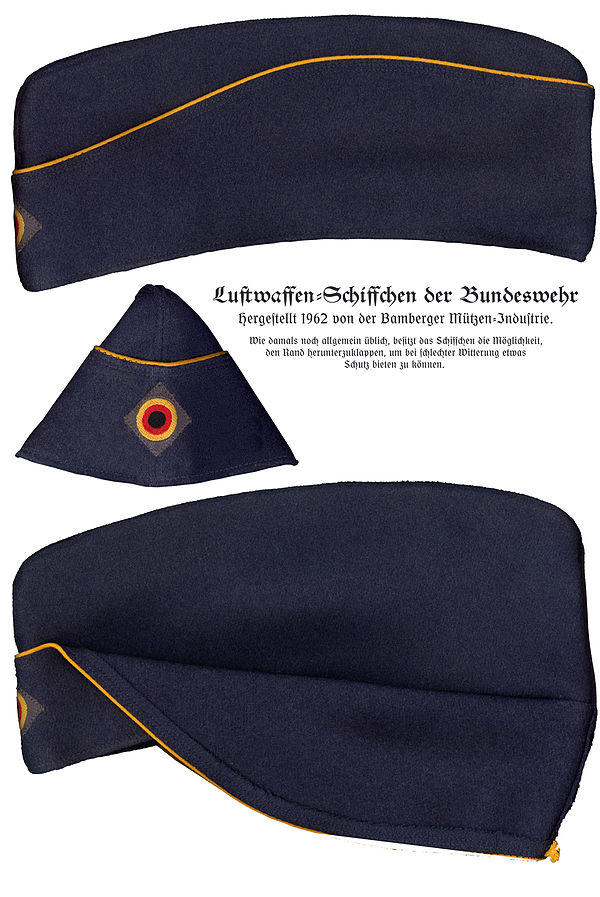 German Air Force Garrison cap (Schiffchen "little boat") from 1962 with flaps up (top) and flaps folded down (bottom)