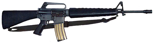 M16A1 rifle with forward assist, raised boss around magazine release button and a 30-round magazine. M16A1 brimob.jpg