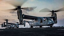 U.S. Marine MV-22 Ospreys on the amphibious assault ship USS Makin Island, December 21, 2016. MV-22 Ospreys takeoff on USS Makin Island.jpg