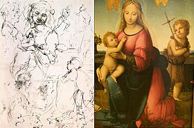 This sketch by Leonardo, held in the Royal Library, Windsor, influenced Madonna by Andrea del Brescianino, held in Naples Madonna by Brescianino after Leonardo da Vinci.JPG