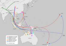 Map depicting possible phylogeographic origins of dingoes, New Guinea singing dogs, and Island Southeast Asian and Oceanian dogs, based on recent genetic evidence (Fillios & Taçon, 2016)[250]