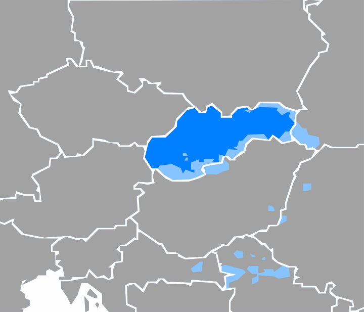 Verspreiding van het Slowaaks (donkerblauw in meerderheid, lichtblauw als minderheid