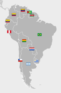 A map of South America with national flags, excluding dependent territories Map of South America with flags.svg