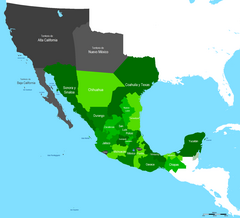 Mexican period: An enlargeable map showing Alta California Territory (black) after the 1824 Constitution of Mexico. Mapa de Mexico 1824 3.PNG