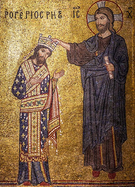 Detail of a mosaic showing Roger II (Rogerios Rex in Greek letters) receiving the crown from Jesus Christ (IC), Martorana, Palermo.