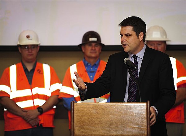 Gaetz speaking at a celebration for the completion of a Route 98 interchange in 2018