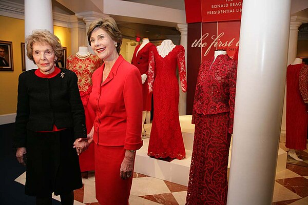 Former First Ladies Nancy Reagan (left) and Laura Bush (right) dedicate The Heart Truth First Ladies Red Dress Collection at the Ronald Reagan Preside