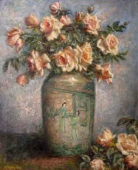 Still Life With Chinese Vase And Pink Roses