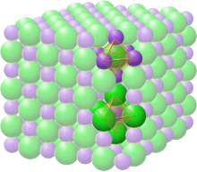 The rock-salt crystal structure. Each atom has six nearest neighbours, with octahedral geometry. NaCl octahedra in crystal.svg