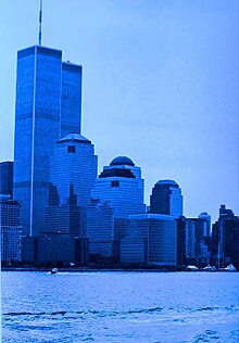 The two original towers, 1 World Trade Center (with the antenna) and 2 World Trade Center (without the antenna) on September 1, 2001 New York --- Skyline lower Manhattan (7780079092).jpg