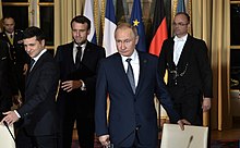 Zelenskyy and Russian president Putin meeting in Paris on 9 December 2019 in the "Normandy Format" aimed at ending the war in Donbas Normandy format (2019-12-09) 01.jpg