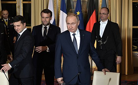Zelenskyy and Russian president Putin meeting in Paris on 9 December 2019 in the "Normandy Format" aimed at ending the war in Donbas