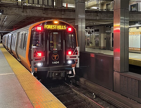 A southbound Orange Line train at North Station in 2024