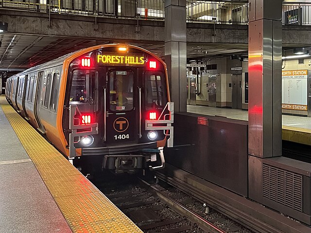 A southbound Orange Line train at North Station in 2024