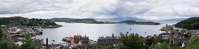 Oban Bay from McCaig's Tower. The bay is sheltered by the island of Kerrera. Behind lies the Isle of Mull.