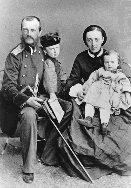 Grand Duke Michael Nikolaevich of Russia and his wife, Grand Duchess Olga Feodorovna, with their two eldest children Nicholas and Anastasia, 1862