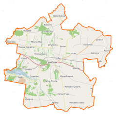 Mapa konturowa gminy Opatówek, w centrum znajduje się punkt z opisem „Most żelazny w Opatówku”