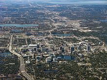 View of Downtown Orlando (center) and periphery to Lake Apopka (upper-right); January 2011 Orlando downtown 2011.jpg