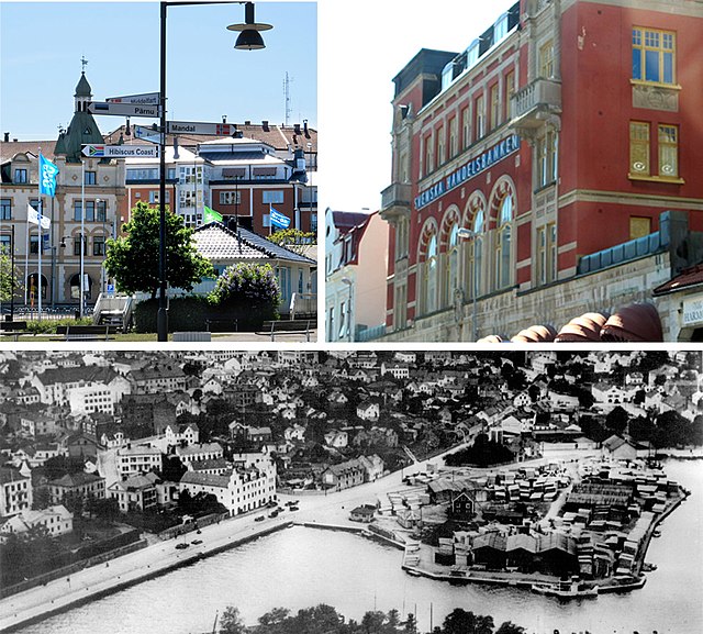 Oskarshamn upper left: Skeppsbron; upper right: Building at Lilla torget; bottom: Harbor area.