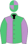 Emerald green and mauve (halved), sleeves reversed, emerald green and mauve quartered cap