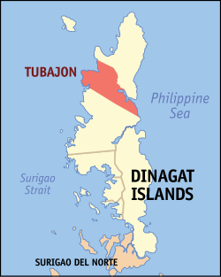 Tubajon bilan Dinagat orollari xaritasi ta'kidlangan