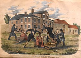 A historically inaccurate 1841 lithograph of the Paxton Boys' massacre of the Conestoga at Lancaster, Pennsylvania in December 1763. Paxton massacre.jpg