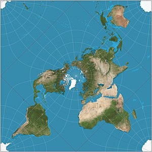 Peirce quincuncial projection of the world. The red equator is a square whose corners are the only four points on the map at which the projection fails to be conformal. Peirce quincuncial projection SW 20W.JPG