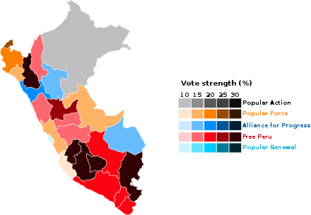 Map of percentage of votes received by the largest party per region.