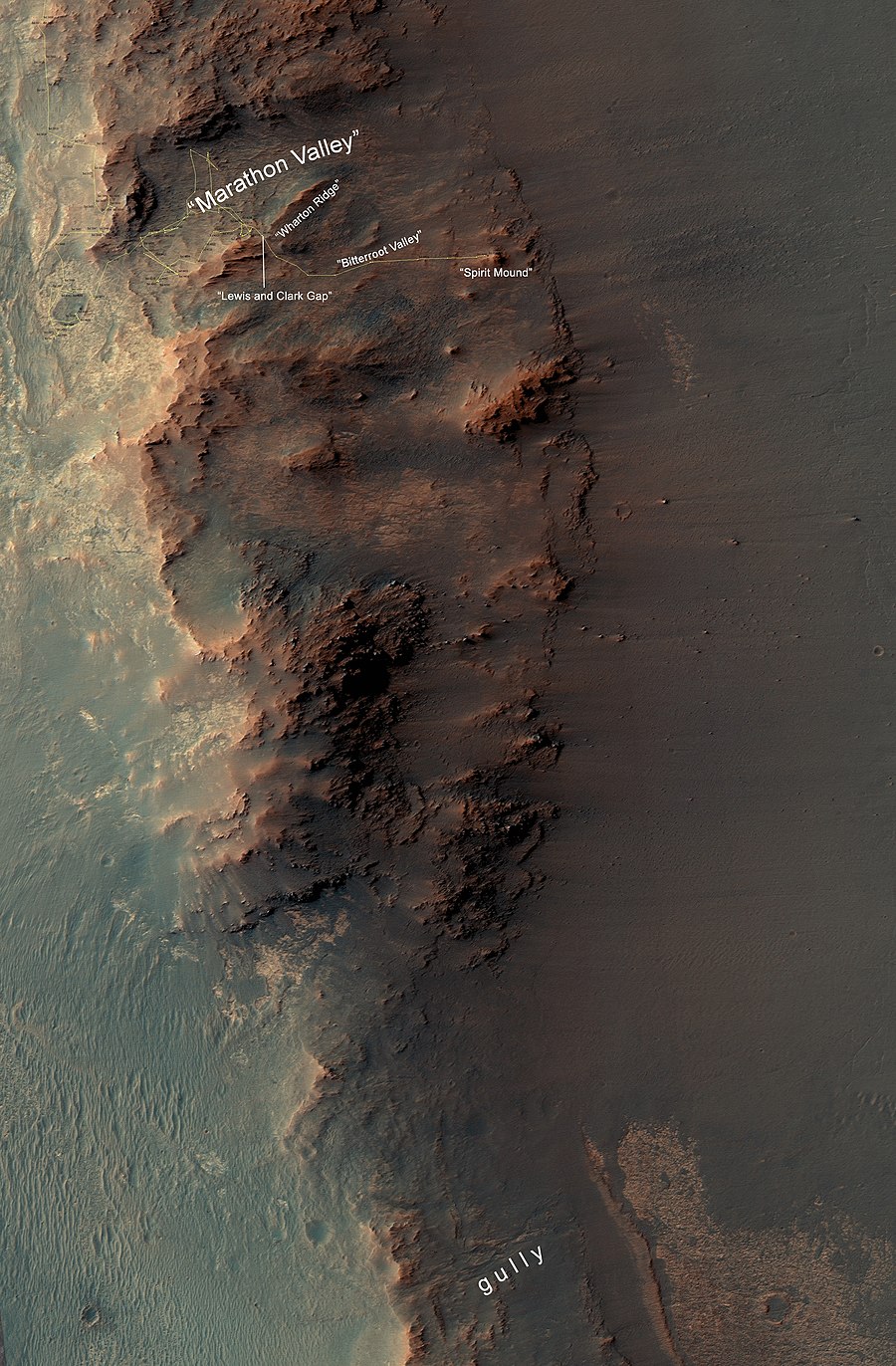 Annotated version of MER-B traverse to Spirit Mound from Marathon Valley in late 2016 Pia20854 gully map.jpg