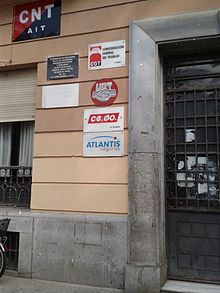 Plaque in memory of the prosecutions against the Black Hand in front of the CNT headquarters in Jerez de la Frontera Placa La Mano Negra.jpg