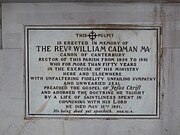 Plaque inscription to Cadman at Holy Trinity church Plaque, former Holy Trinity Church - geograph.org.uk - 1036684.jpg