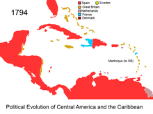 European colonies in the Caribbean in 1794 Political Evolution of Central America and the Caribbean 1794 na.png