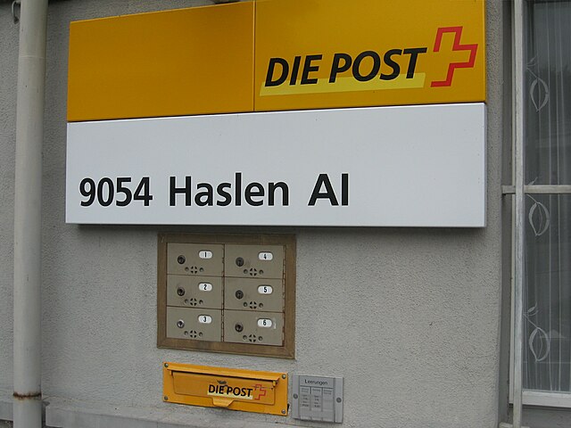 Outdoor Post Office Boxes (as common in Switzerland) numbers one to six at 9054 Haslen, Switzerland