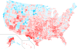 Change in vote margins at the county level from the 2000 election to the 2004 election. While Bush improved nationally overall, making his strongest gains in the South, he suffered a loss of support in parts of New England and the Western United States, which swung in Kerry's favor.