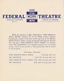 Handbill announcing Project 891's tentative schedule at Maxine Elliott's Theatre, with The Cradle Will Rock in repertory with Doctor Faustus and a third production to be determined Project 891 tentative repertory schedule 1937.jpg