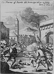 Spanish town of Puerto del Principe being sacked in 1668 by Henry Morgan Puerto del Principe - being sacked in 1668 - Project Gutenberg eText 19396.jpg