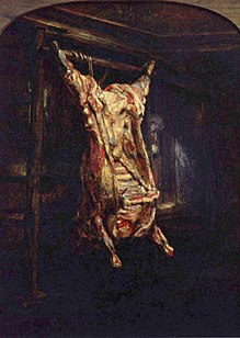 Clair-obscur caractéristique de ce peintre : La carcasse évidée d'un bœuf écorché suspendue par les pattes arrières largement écartées, avec ses rouges, jaunes et bleus, se détache de la pénombre qui laisse deviner la structure porteuse en bois.
