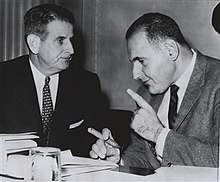 November 4, 1959 Representatives Oren Harris (left) and Steven B. Derounian confer during the investigation of quiz shows Representatives Oren Harris (left) and Steven B. Derounian quiz show scandals.jpg