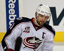 Named captain on March 12, 2008, Rick Nash served as the team's captain until he was traded to the New York Rangers on July 23, 2012. Rick Nash 2010.jpg