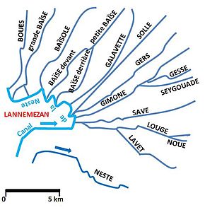 Une partie de l'hydrographie du plateau de Lannemezan.