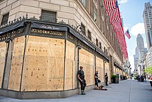 Boarded-up storefronts at New York City's Saks Fifth Avenue during the George Floyd protests Saks Fifth Avenue Boarded Up During Black Lives Matter Protests New York City - 49984000103.jpg