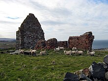St. Helen's Chapel at Siccar Point has walls faced in Old Red Sandstone, with greywacke used on the inner face and surrounding drystane dykes Siccar Point, St. Helen's chapel.jpg
