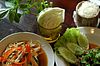 A classic Isaan meal: ''som tam'' papaya salad, ''larb'' meat salad and sticky rice