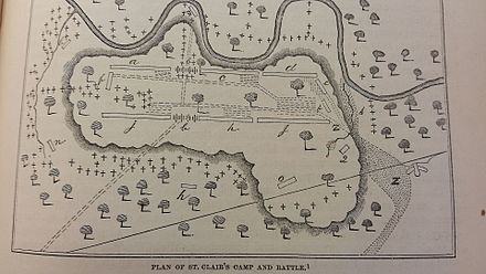 St. Clair's Defeat. a-Butler's Battalion, c-Clarke's Battalion, d-Patterson's Battalion, e-Faulkner's Rifle Company, h-Gaither's Battalion, j-Beddinger's Battalion, crosses indicate the "enemy", z-"troops retreating" St. Clair's Defeat.jpg