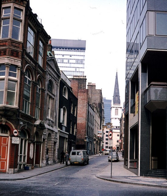 View of the street St Mary at Hill, named after the Church, c. 1975