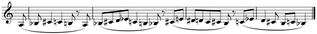 حرکت کروماتیک و ملودیک از یک «سوژهٔ فوگ» در قطعهٔ «موسیقی برای ارکستر زهی، پرکاشن و چلستا» اثر: بلا بارتوک