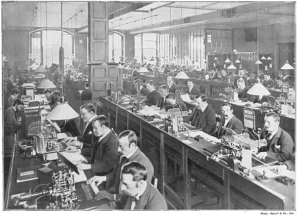 Operators in the submarine telegraph cable room at the GPO's Central Telegraph Office in London c. 1898